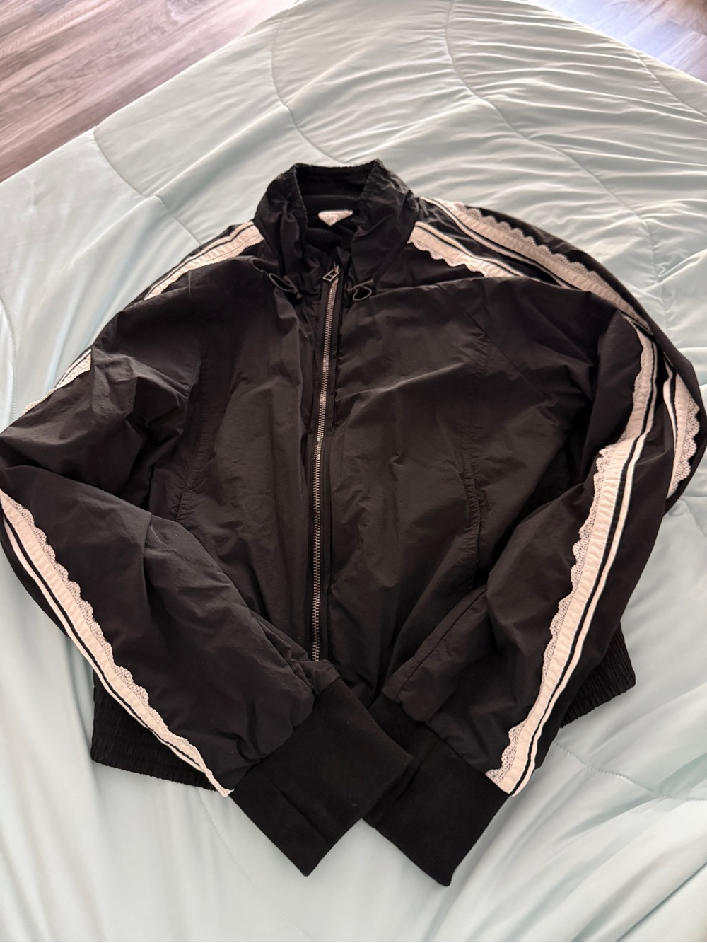 Anthropologie Daily Practice black track jacket with lace trim
